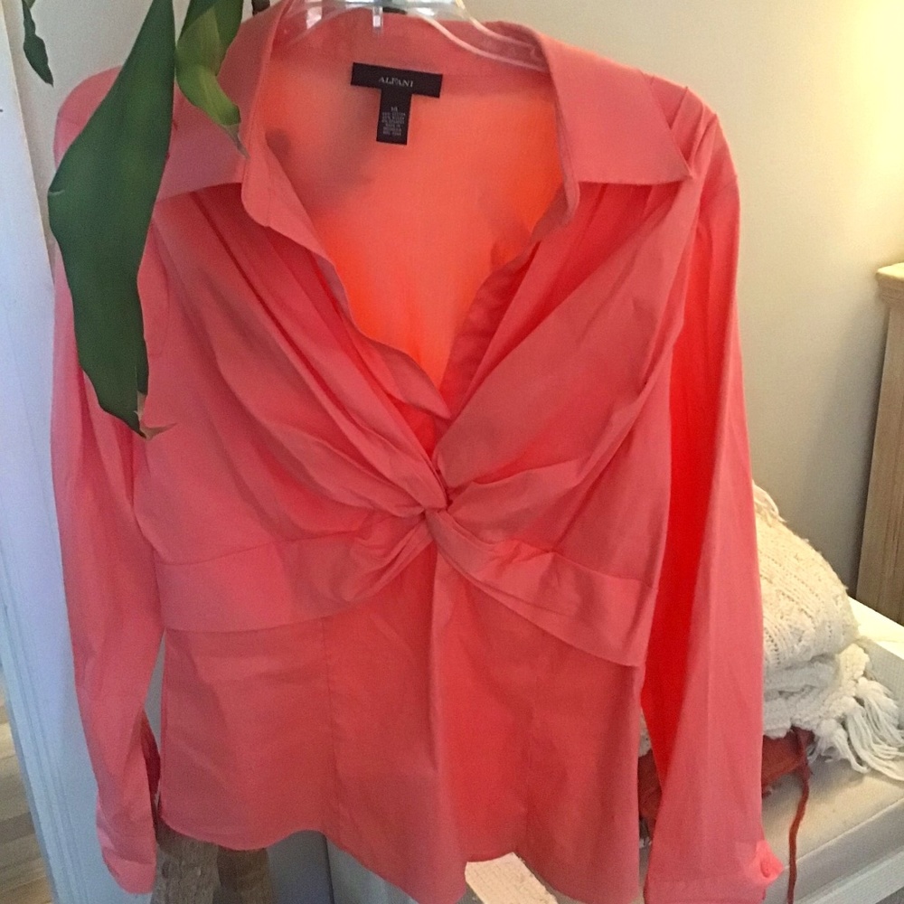 NWT Alfani Twist Knot Ruched Top Blouse Button Down Coral Cotton Stretch 14
